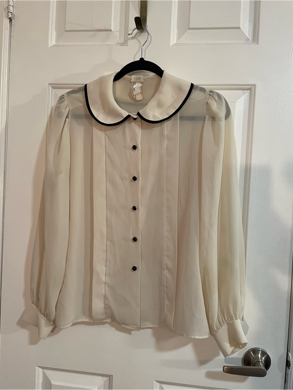 Sheer Cream Button-Down Blouse with Contrast Black Trim